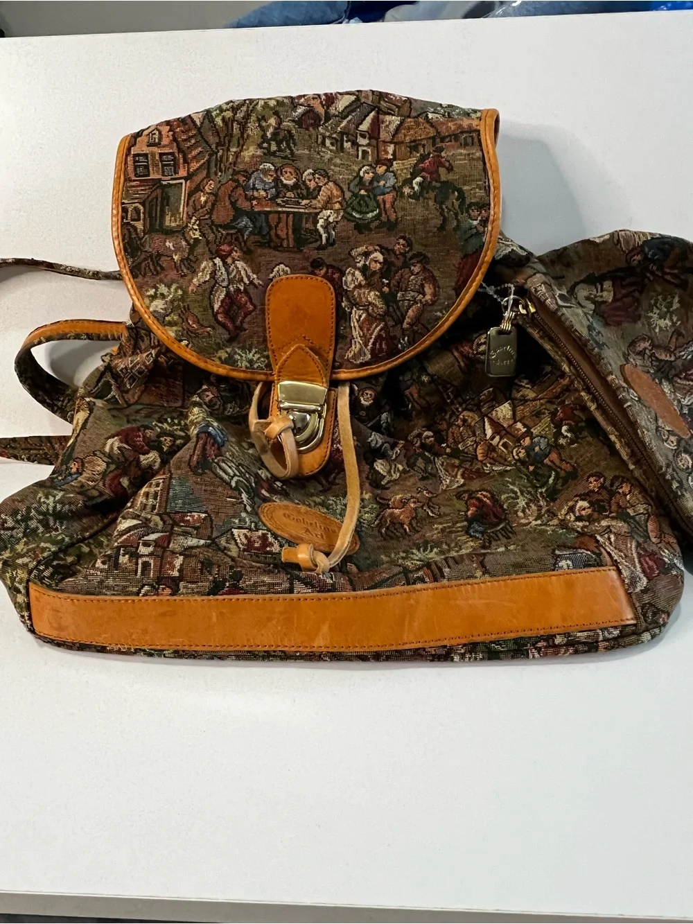 Gobelins Art Vintage 90s Tapestry Boho Drawstring Backpack Satchel w/ Pouch